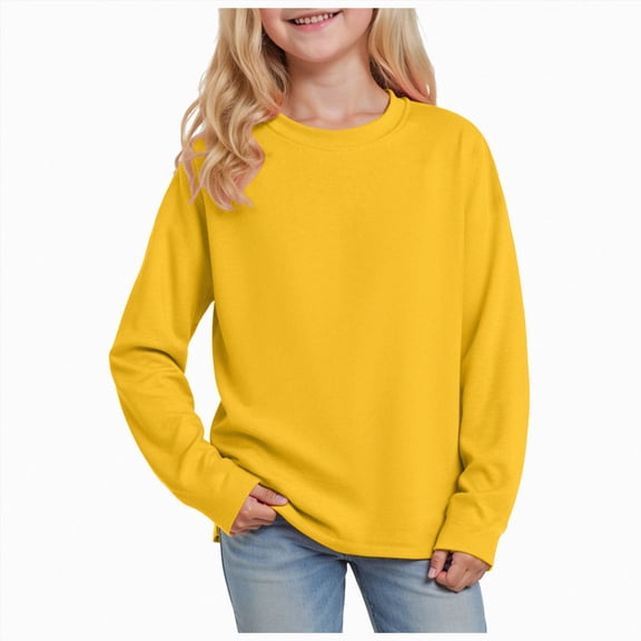 Nwiuh Girls Long Sleeve Shirts Kids Crewneck Tunic Tops Fashion Clothes, Curved Hem Tees(Yellow,14-15 Years)