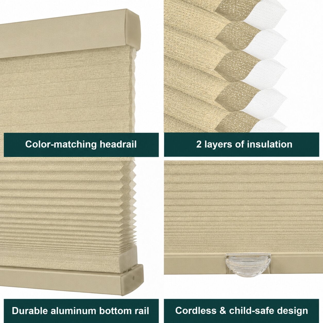 Chicology 58.75"W X 48"H Cordless Double Cell Cellular Shades Light Filtering Khaki