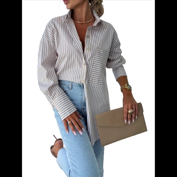 Camisas de Rayas con Botones para Mujer, Blusas Informales de Larga con Cuello para Oficina, Trabajo, Caqui M