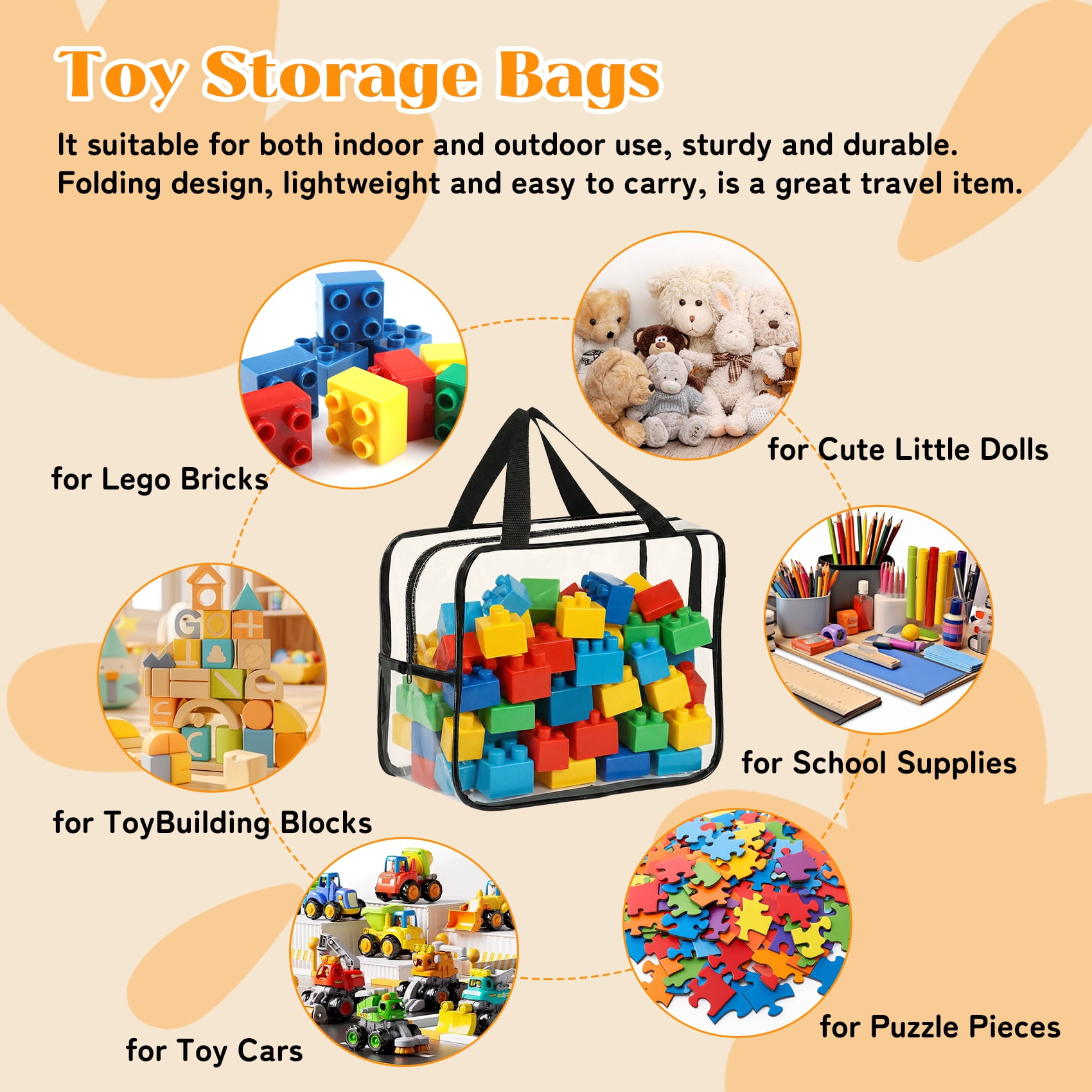 6 Pack Clear Toy Storage Bags with Carry Handles, 2 Sizes Zippered Storage Organizer Bins for Legos Puzzles Board Games, Playroom Storage Organizers.