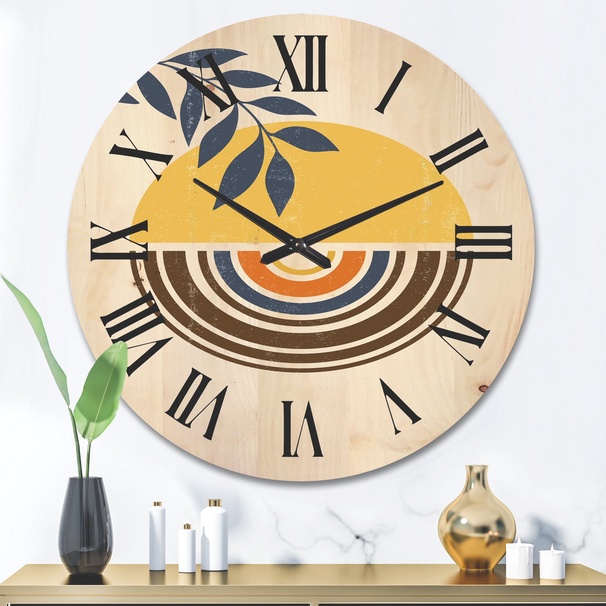 Designart 'Abstract Sun and Moon Leaves ' Modern Wood Wall Clock