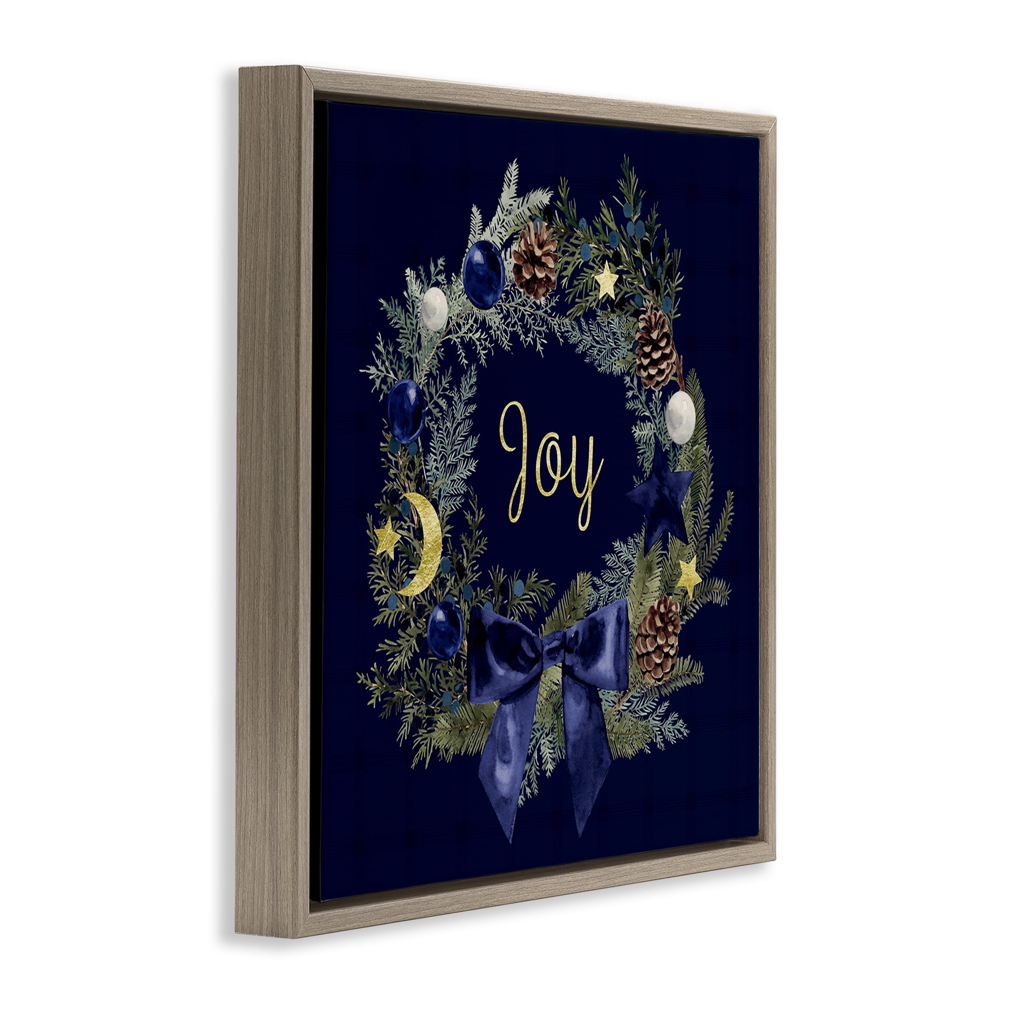 Stupell Industries Joy Holiday Wreath Holiday Painting Brown Floater Framed Art Print Wall Art, 25 x 25