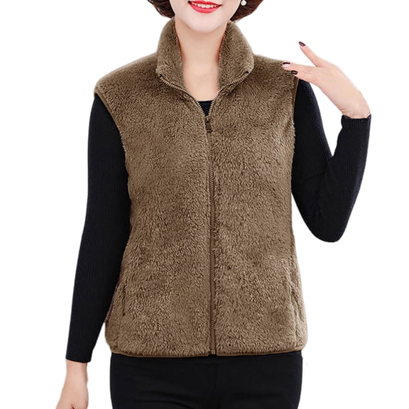 comerut Fall Winter Women Vest Coat Stand Collar Sleeveless Thickened Plush Zpper Clsoure Neck Protection Pockets Solid Color Mid-aged Women Warm Waistcoat