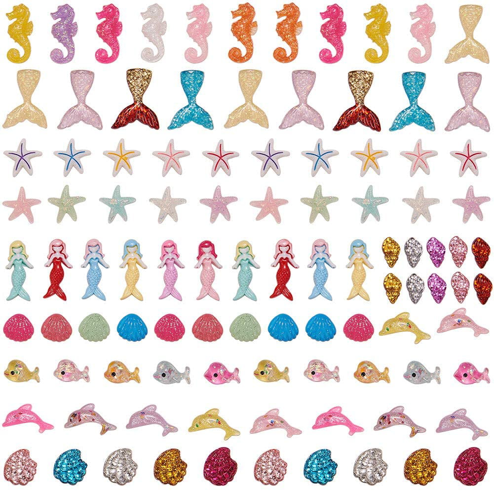 SUNNYCLUE 48Pcs 8 Styles Goldfish Charms Colorful Fish Tail Pendants Sea Animal Fishtail Mermaid Transparent Acrylic Golden Printed Charm for DIY Necklaces Making Crafts Supplies