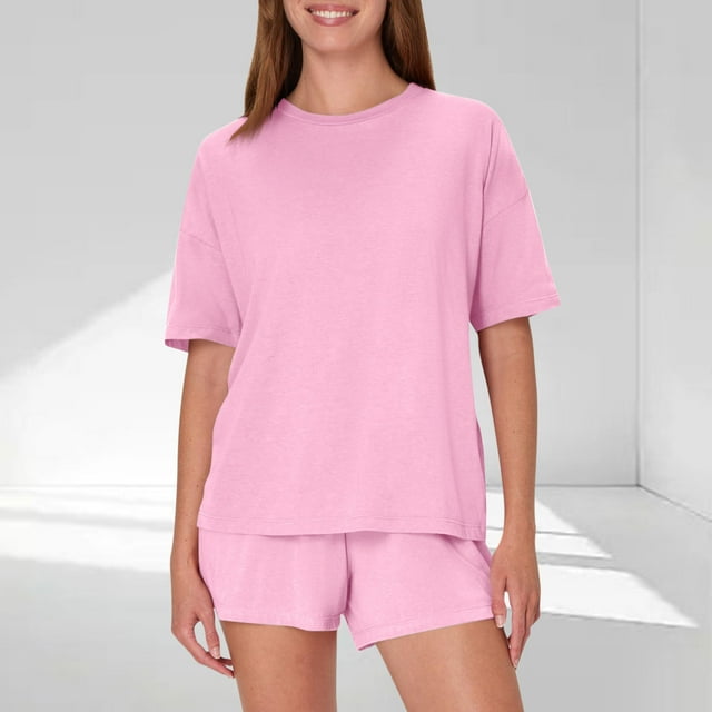 Pijama informal holgado de poliéster para mujer, de color liso, con cuello redondo y manga corta.