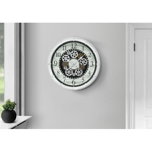 Wall Clocks Clocks, 20" Round, Gear Mechanism, Wall Clock, Antique White, Transitional,Table Clocks