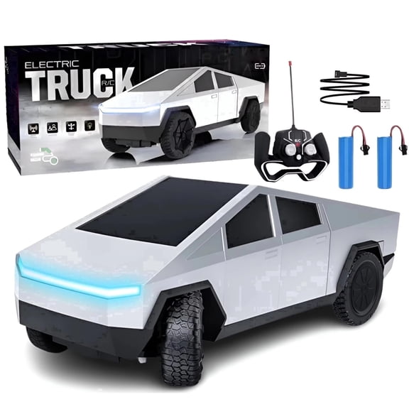 Cybertruck Remote Control Car 1:24 Scale RC Truck with LED Lights and Dual Rechargeable Batteries, Silver Electric Vehicle for Kids