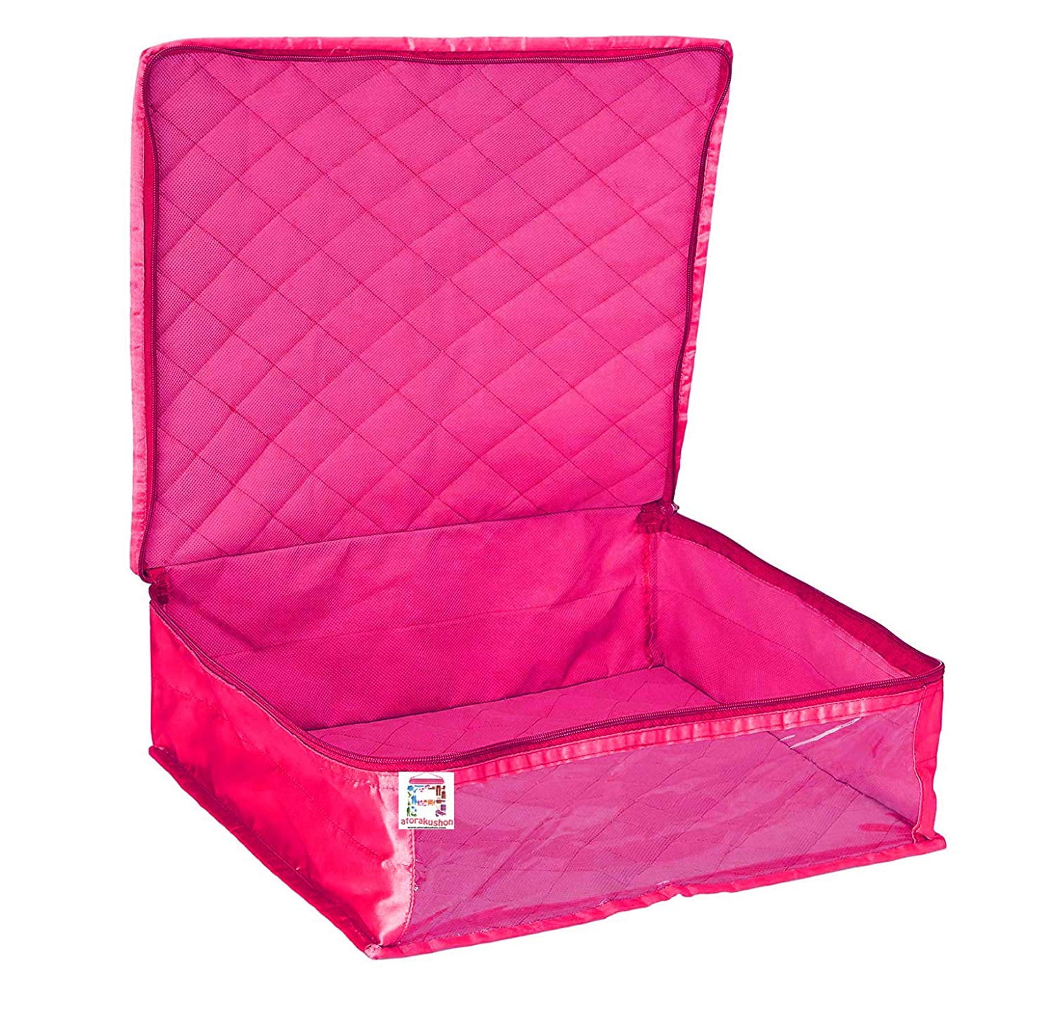 atorakushon Fabric Satin Foldable Saree Covers Cloth Garments Storage Bag Wardrobe Organizers with Strong Zippers & Transparent Window Pack of 2 Pink