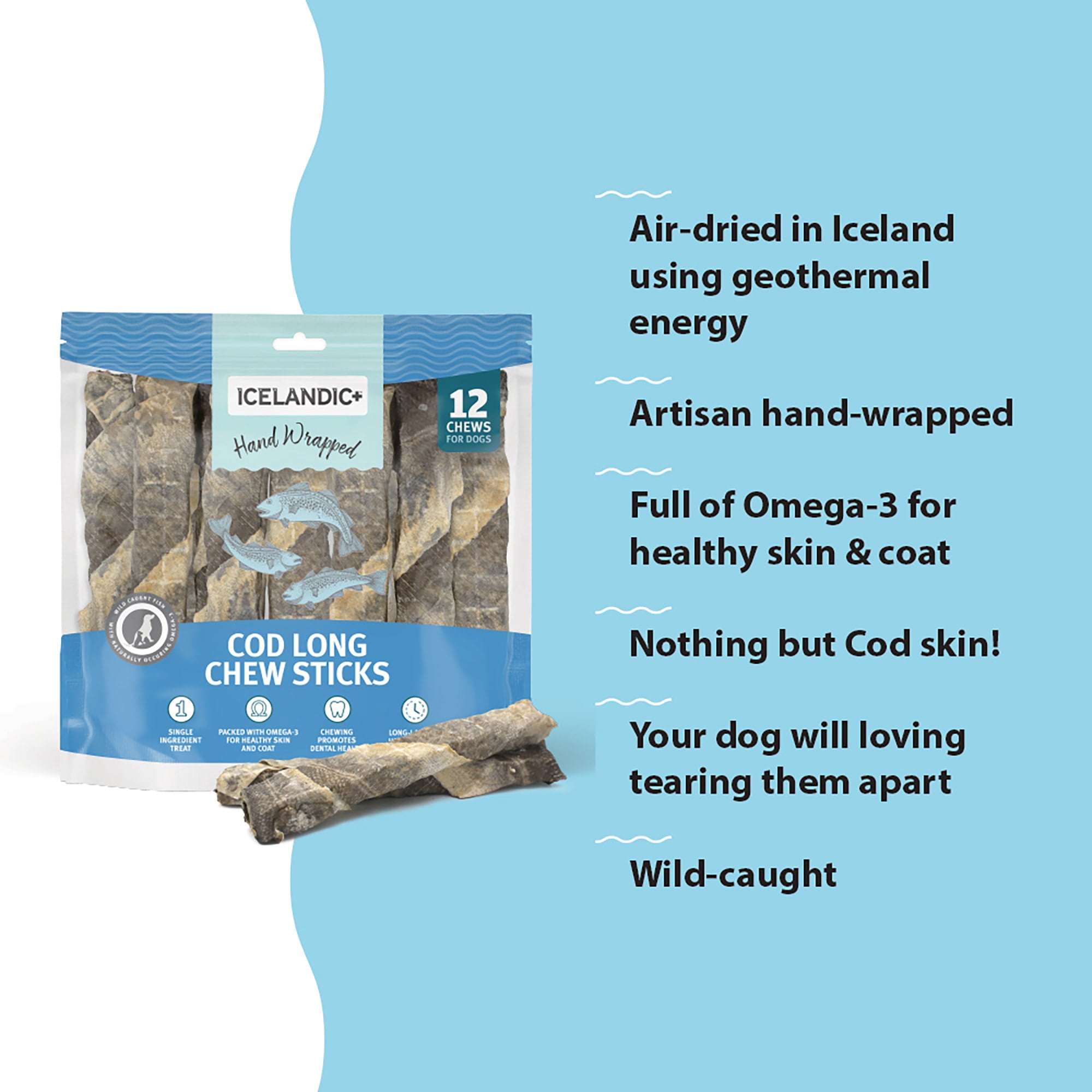 Icelandic+ Cod Skin Long Chew Sticks 10" - 12 Pack Bag - Dog Treats, Hand Wrapped Long-lasting Chews, Air-Dried Single Ingredient, No Preservatives