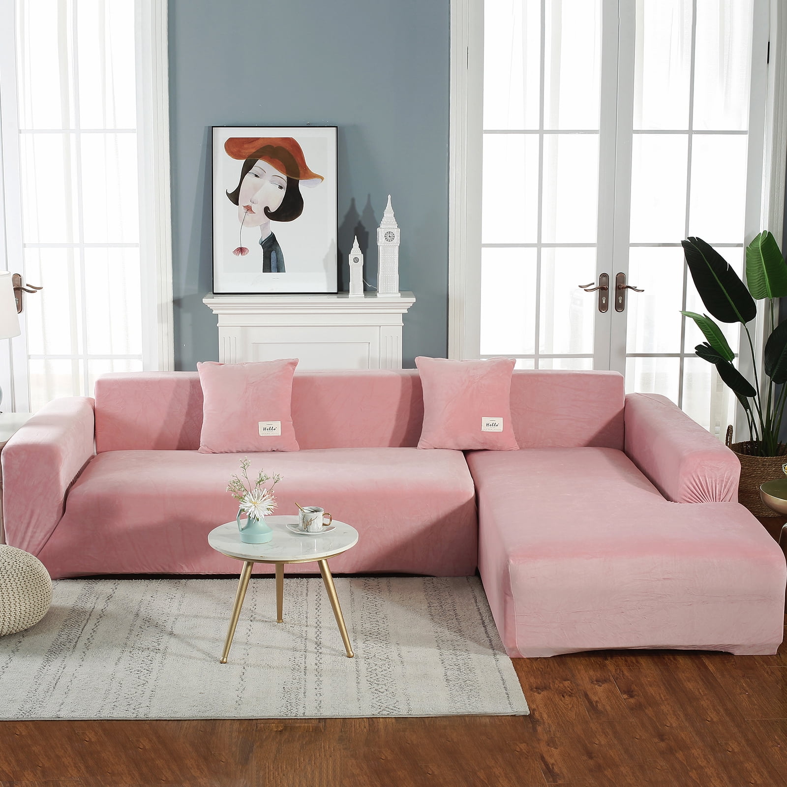 CJC Sectional Couch Covers, Velvet Stretch L Shape Sofa Covers, 2pcs Sofa Slipcovers for 3 + 4 Seaters Sectional Chaise Slipcover for Pets Kids, Pink