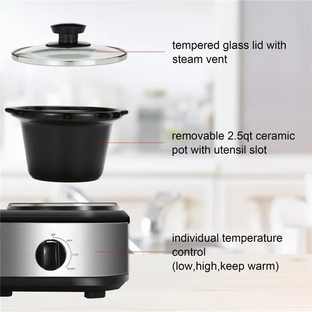 Small Double Slow Cooker, 2 Pot 1.25 Quart Oval Crock Food Warmer Buffet  Server, Stainless Steel 