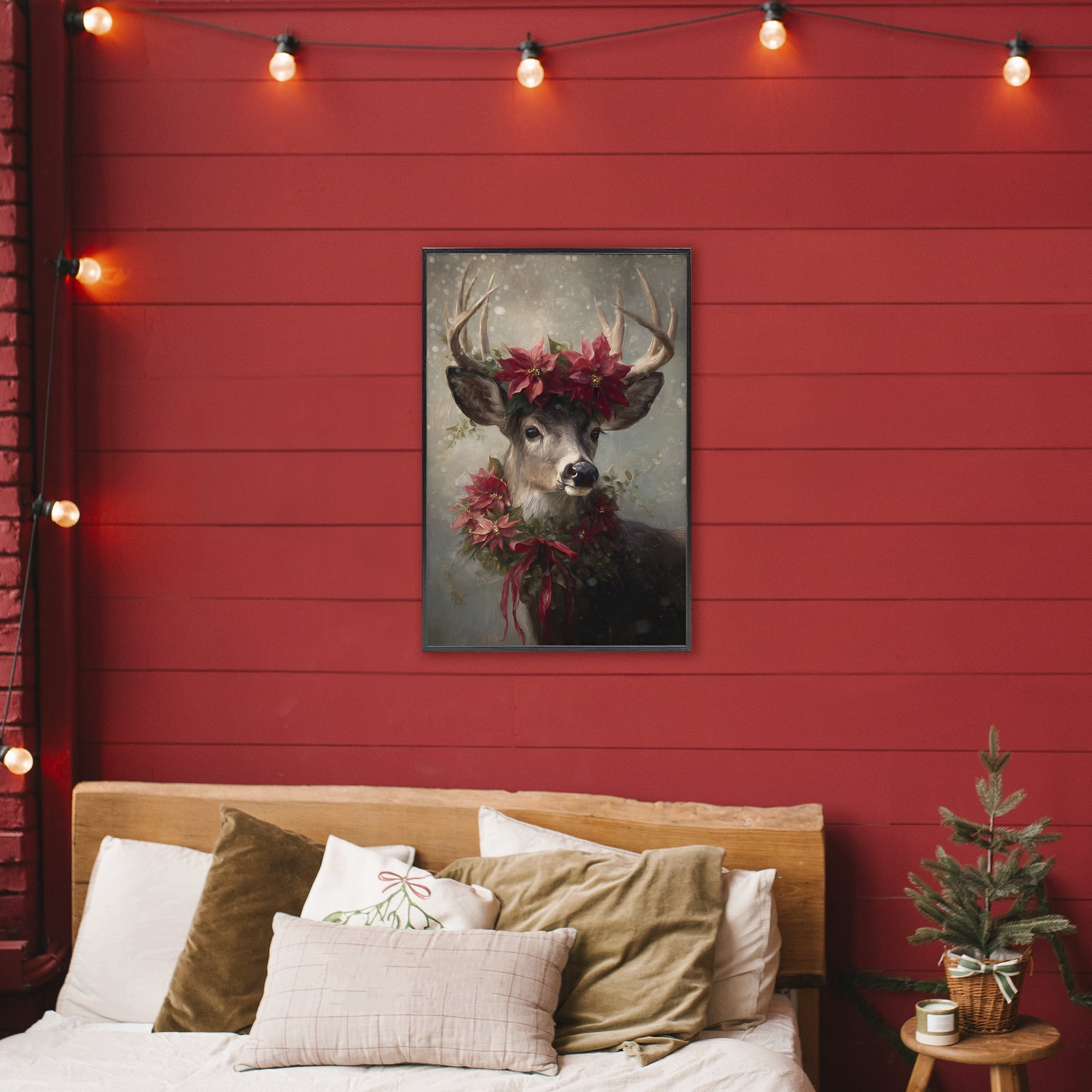 Stupell Industries Poinsettia Christmas Deer Black Framed Giclee Art, design by Tina LeCour