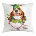 thumbnail image 1 of Mardi Gras Throw Pillow Cushion Cover, Happy Smiling Basset Hound Dog Wearing a Jester Hat Neck Garland Bead Necklace, Decorative Square Accent Pillow Case, 24 X 24 Inches, Multicolor, by Ambesonne, 1 of 2