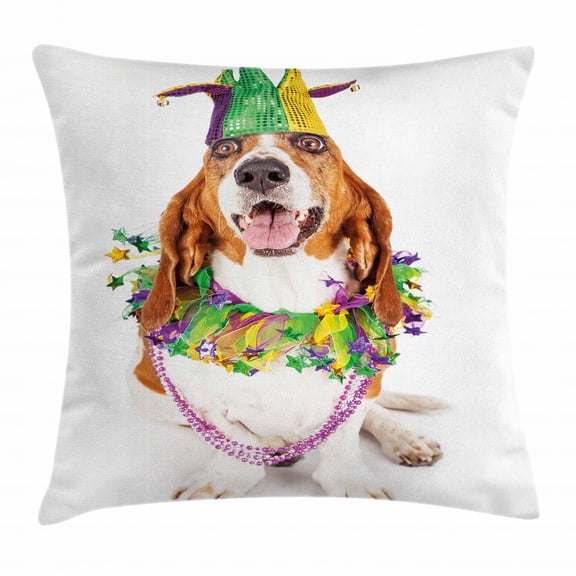Mardi Gras Throw Pillow Cushion Cover, Happy Smiling Basset Hound Dog Wearing a Jester Hat Neck Garland Bead Necklace, Decorative Square Accent Pillow Case, 16 X 16 Inches, Multicolor, by Ambesonne