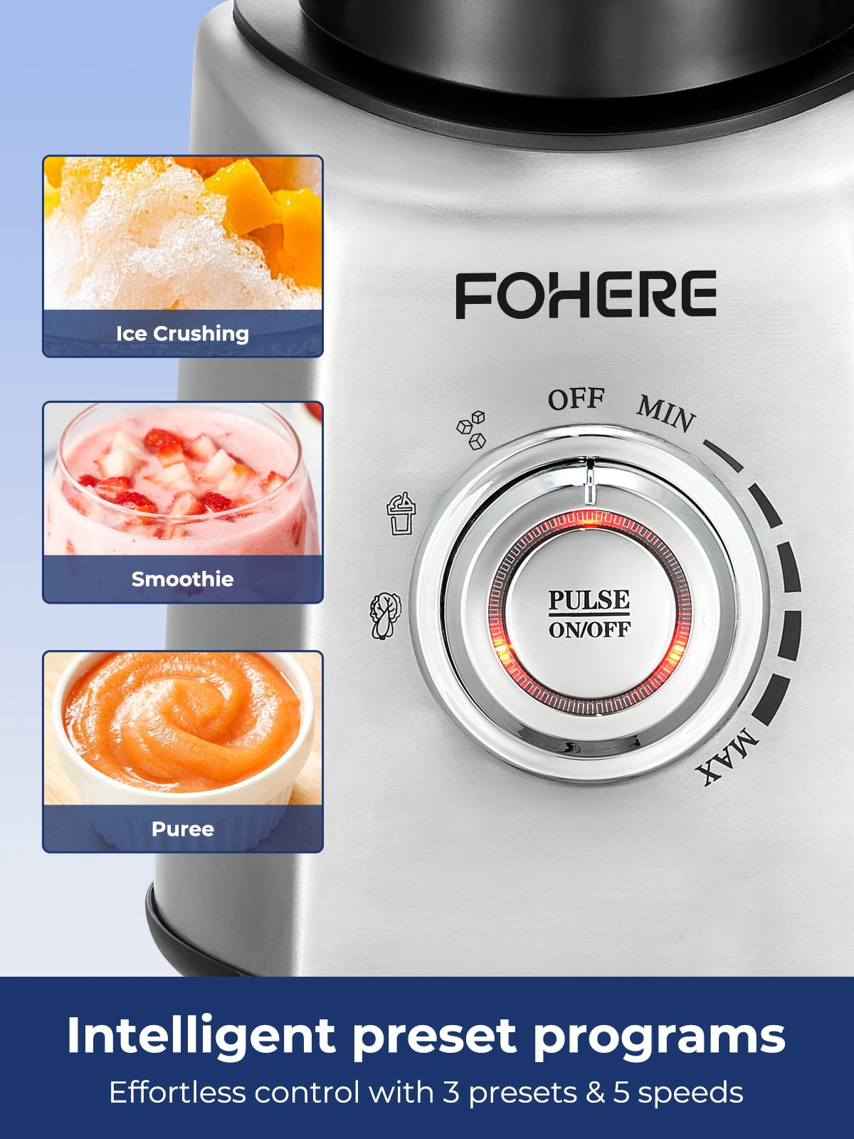 FOHERE Professional Countertop Blender, 50Oz Glass Jar, 1300W Peak Power, BPA-Free, Smoothie Maker with Presets & 5 Speeds, 20Oz Tritan to-go Cup, Ice Crusher for Home Use