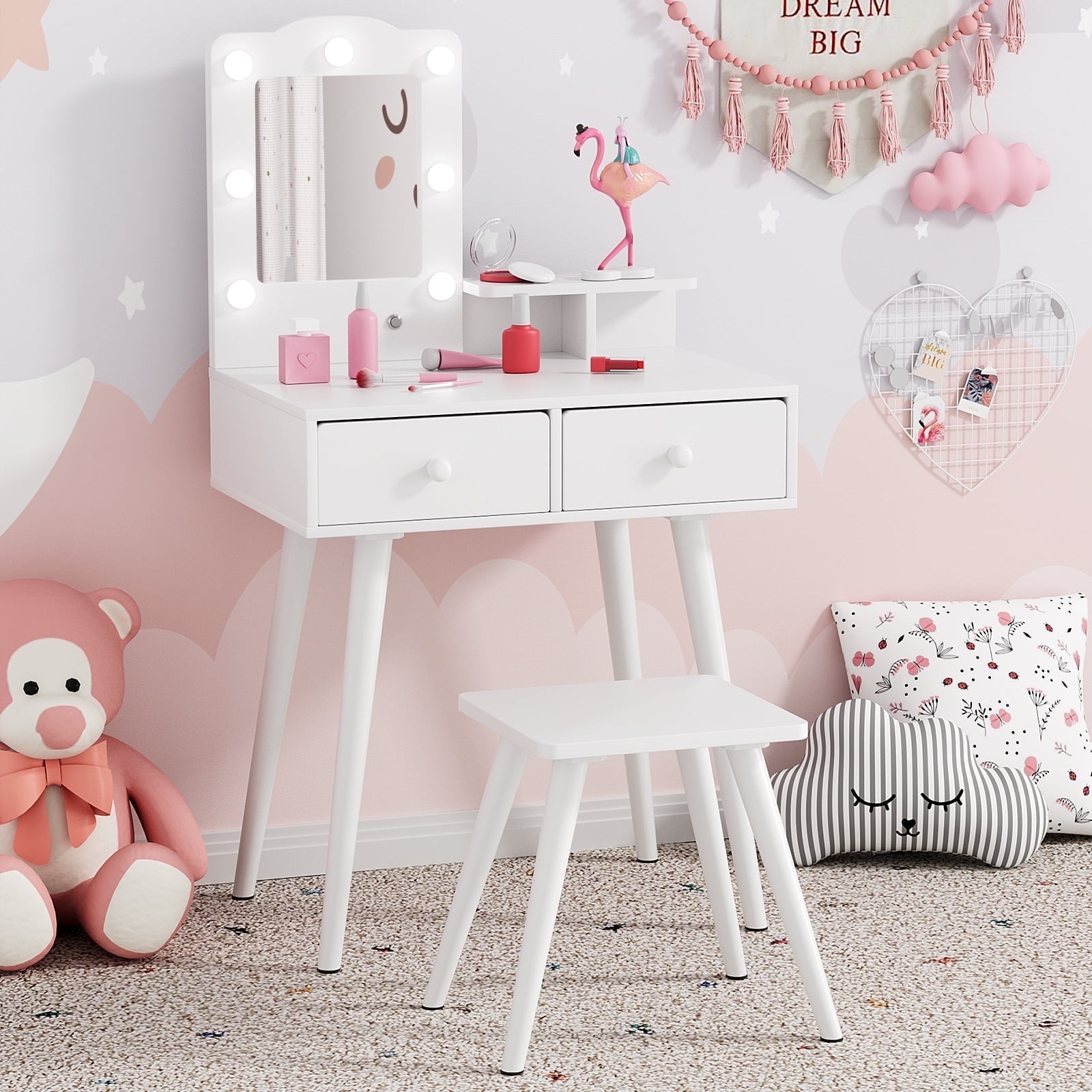 Arlopu Kids Vanity Table & Stool Set, Wooden Makeup Table and Chair Set with Storage Drawer, LED Lights & Mirror