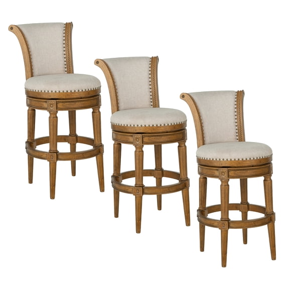ROME OAK Runyan 31" Swivel Bar Stool in Weathered Oak with Sand Fabric Seat, Set of 3