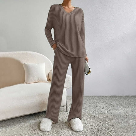 GZWYHT Sets for Women Lounge Sets for Women Women s Long Pyjamas 2025 Pyjama Set Cotton Long Sleeves Knitted Yoga Sets With Cosy Nightwear Two Piece Sets for Women Womens Pajama Sets Brown S