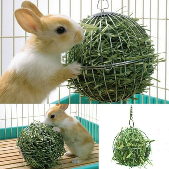 Rabbit Hay Feeder, Grass Play Hay Ball Chew Toy Stainless Steel Food and Grass Frame Bowls, Small Animals Hay Manger Dispenser for Hamsters Guinea Pigs