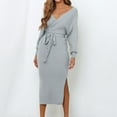 thumbnail image 3 of Arnsht Women's V Neck Long Batwing Sleeve Wrap Midi Knit Sweater Dress Elegant Backless with Belt Slit Gray L, 3 of 8
