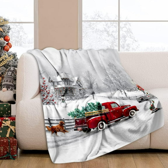 Christmas Throw Blanket Winter Holiday Snow Red Truck and Dog Fannel Blanket Soft Plush Warm Throw Blanket for Bed Couch Living Room Sofa Chair(White, 60" x 80")
