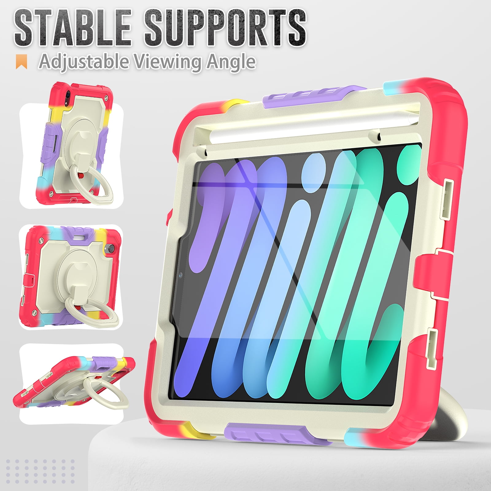 Dteck for iPad mini (6th Generation) Heavy Duty Kids Case with Pencil Holder Screen Protector Pencil Holder Ring Kickstand Cover for iPad Mini 6th Gen, Colorful Red