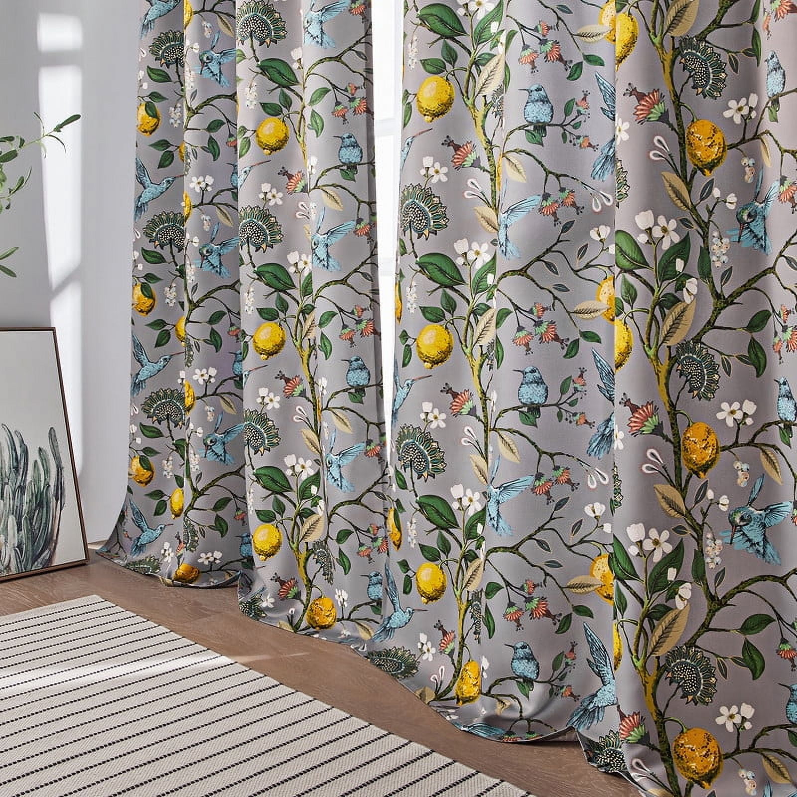 Topfinel Fancy Hummingbird Patterned Curtain,Grey Curtains for Living Room, Thermal Insulated Blackout Curtains for Bedroom, Floral Vintage Lemon Curtains 72 inch Length 2 Panels Set