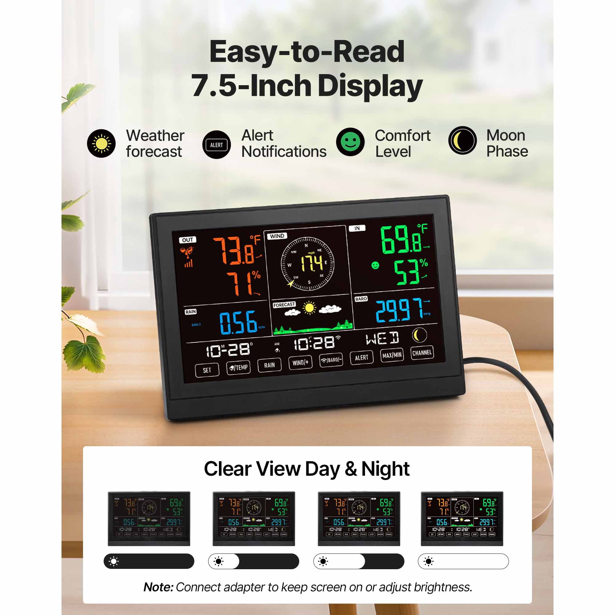KFFKFF 5-in-1 Wi-Fi Weather Station with 7.5-Inch VA Display, Solar-Powered Wireless Outdoor Sensor, Rain Gauge, and Indoor/Outdoor Monitoring for Weather Forecasting, Wind, Temperature, Humidity