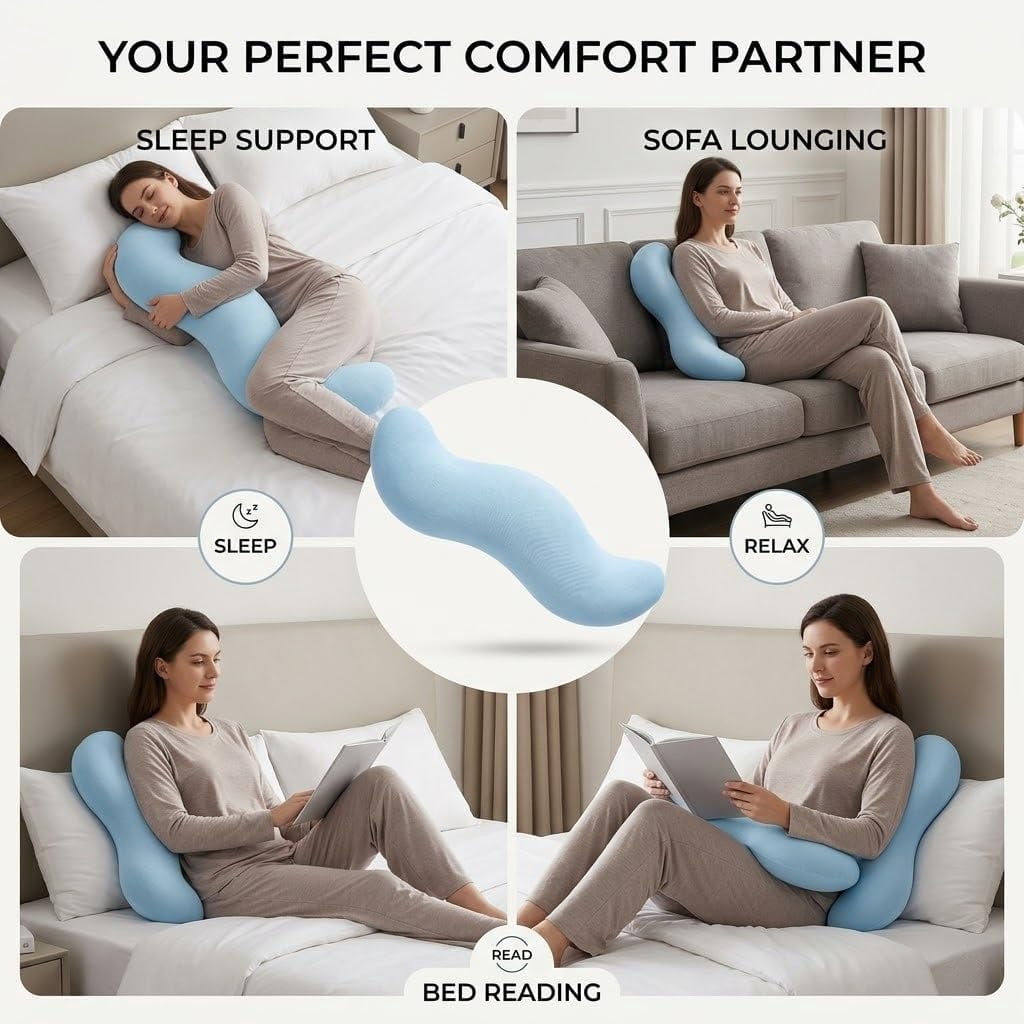 Pea Pod Body Pillow for Side Sleeper, Ergonomic Double Curve Pod Full Body Pillows, Cooling Full Comfort Pillow for Back & Neck, Secure Fit Between Knees and Washable Cover(Gray,S)