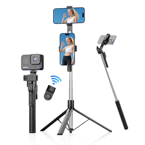 BN-LINK 75" Selfie Stick Tripod with Remote, 360°Rotating Extendable Cell Phone Stand with 1 Phone Holder Accessory, Phone Tripod Compatible with iPhone Android Phone, Camera