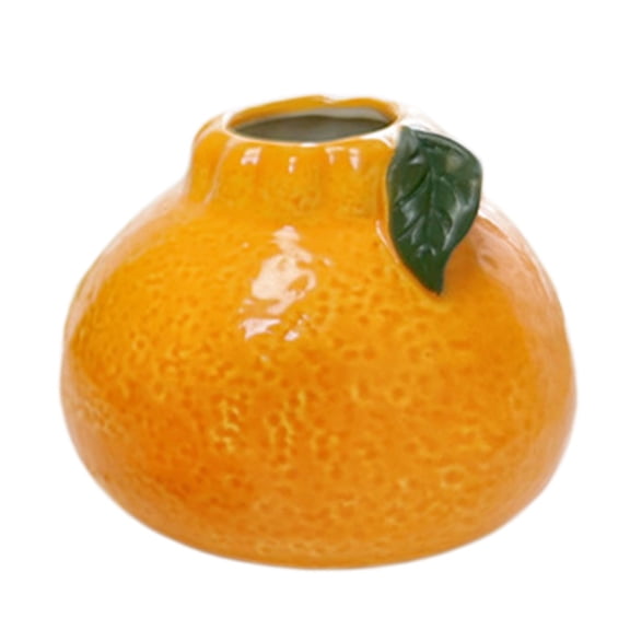 Cute Small Vase for Fresh Flowers, Ceramic Orange Vase with Green Leaves for Small Flowers, Decorative Plant Pot Table Centerpiece for Living Room, Bookshelf, Office Home Decor