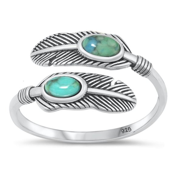 Simulated Turquoise Feather Spoon Ring .925 Sterling Silver Band Blue CZ Jewelry Female Size 5