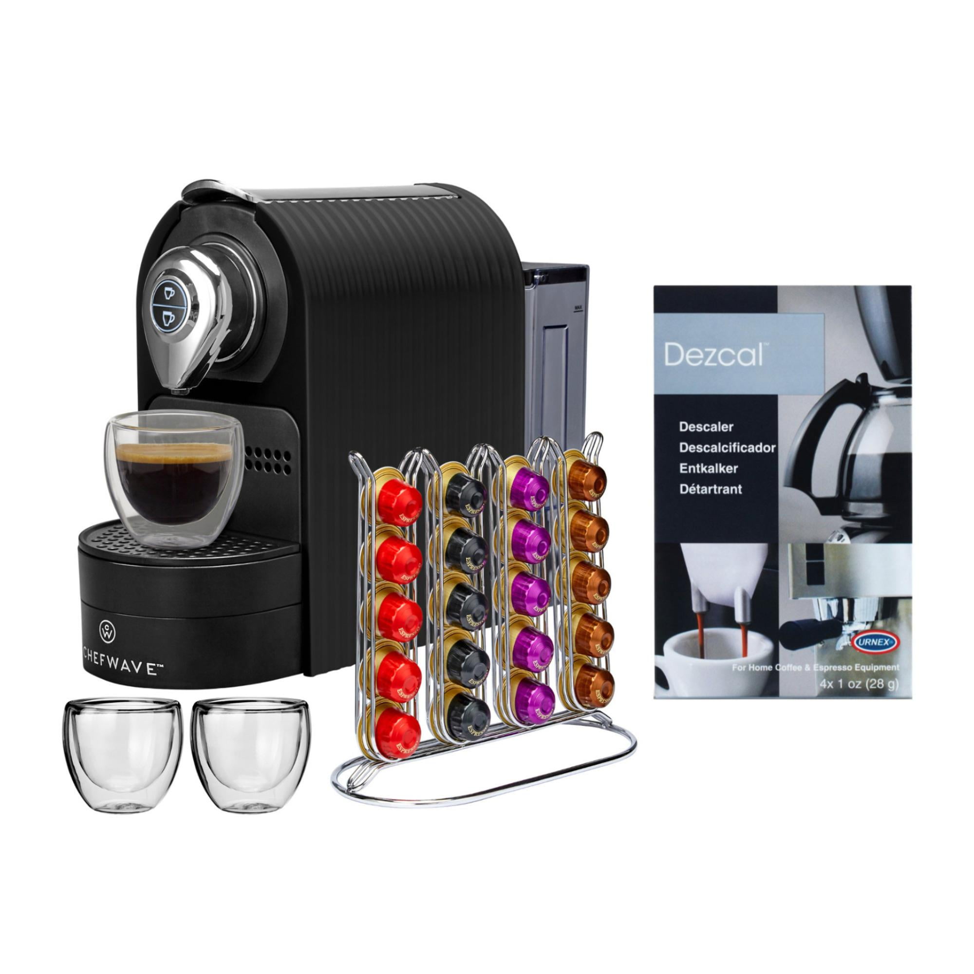 ChefWave Espresso Machine Compatible with Nespresso Pods (Black), Holder,  Cups and Descaling Powder)