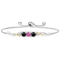 925 Sterling Silver and 10K Yellow Gold Pink Created Sapphire Black Onyx and White Lab Grown Diamond Tennis Bracelet for Women (1.52 Cttw, Gemstone September Birthstone, Fully Adjustable up to 9 inch)