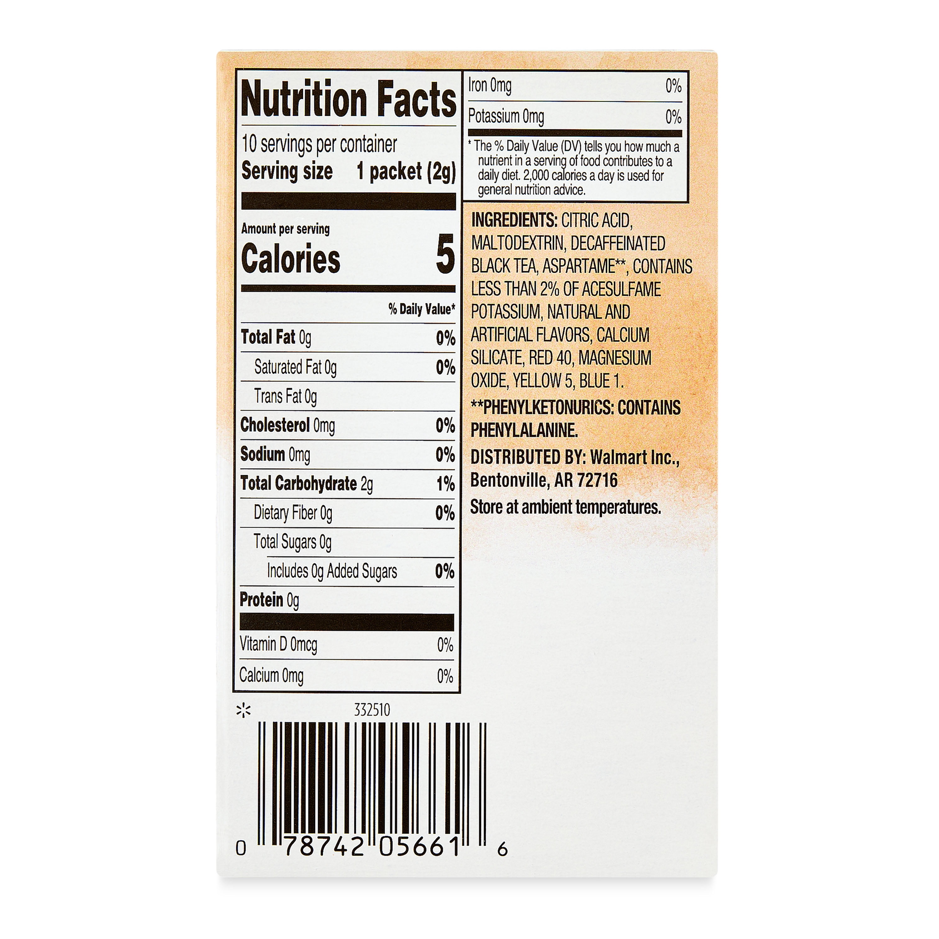 Great Value Sugar-Free Iced Tea with Peach Powdered Drink Mix, 0.07 oz, 10 Packets