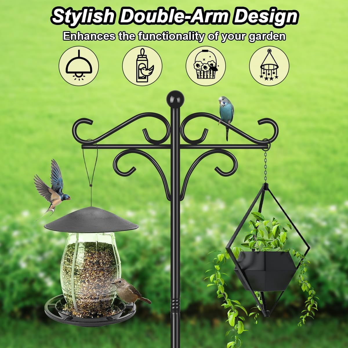 KOLAKO Bird Feeder Pole Stand, 195cm Bird Feeding Station, Heavy Duty Free Standing Shepherd Hook for Outdoor Garden Light Lantern Metal Hanger, Black