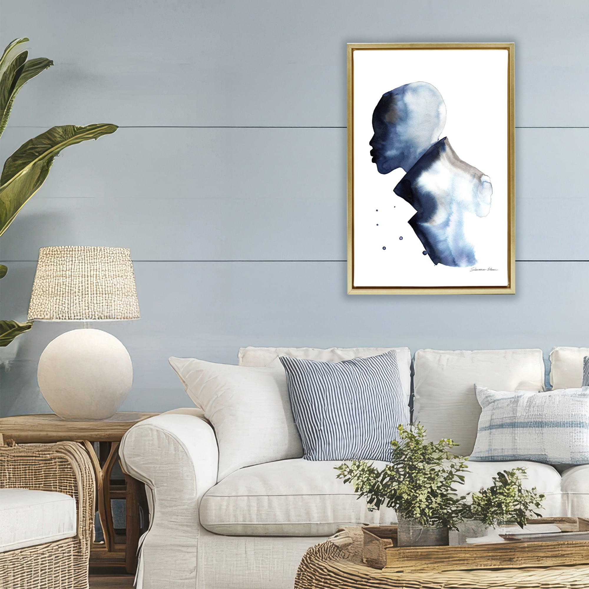 Stupell Industries Feeling Blue Portrait Silhouette Gold Framed Floater Canvas Wall Art, design by Simone Elum