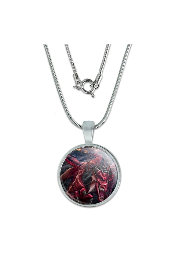 Evil Red Dragon Burning Castle Night Fantasy 0.75" Pendant with Sterling Silver Plated Chain