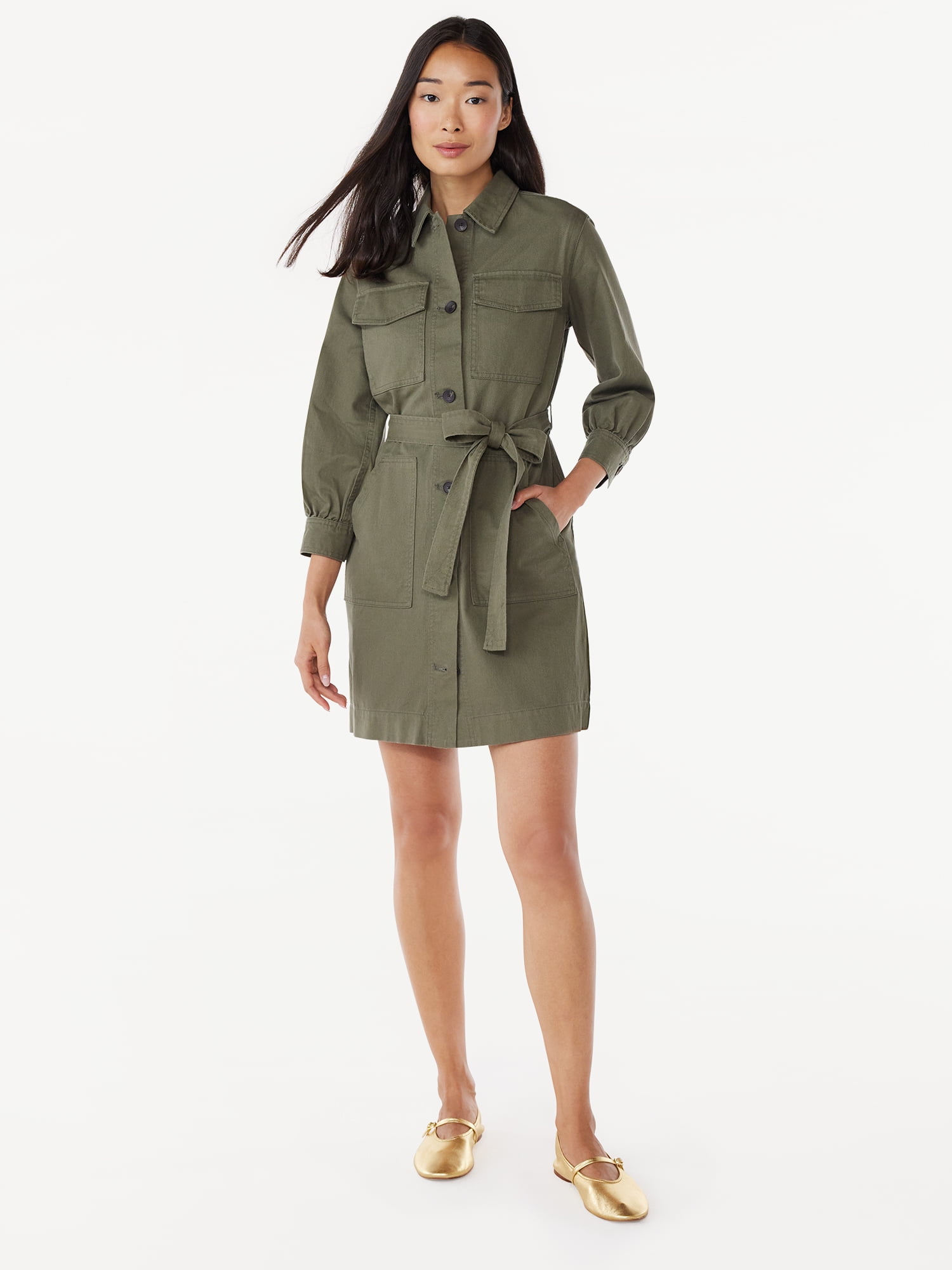 Free Assembly Women's Belted Utility Mini Dress with Long Sleeves, Sizes XS-XXL