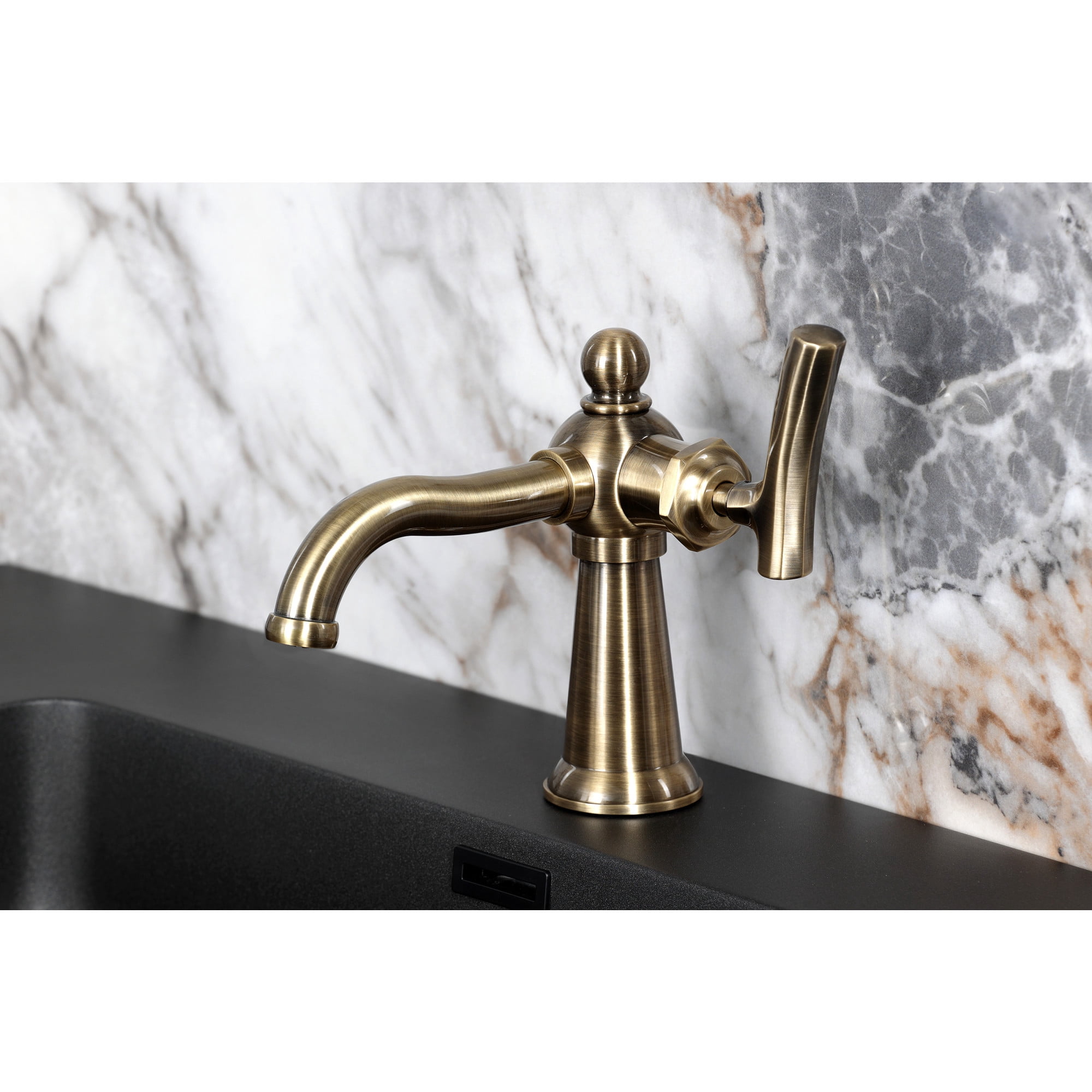 Kingston Brass KS3543TKL Hallerbos One-Handle 1-Hole Bathroom Faucet with Push Pop-Up Drain in Antique Brass
