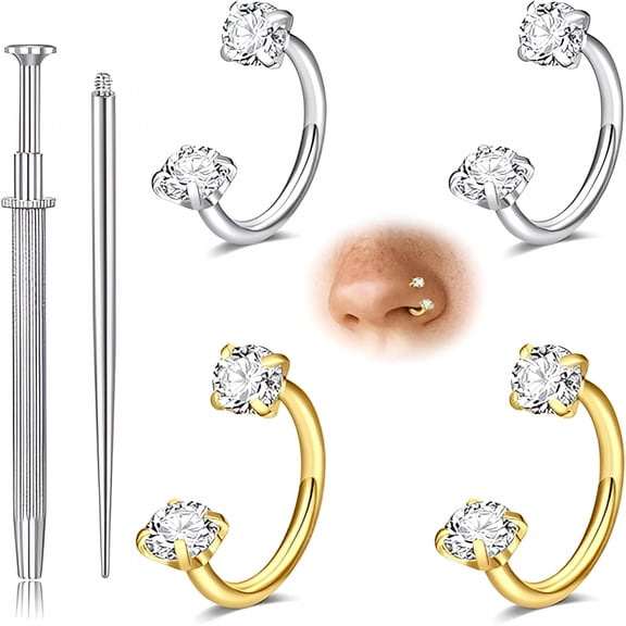DESIGNICE 20g 18g Horseshoe Nose Ring for Women Double Gem Horse Shoe Nose Ring Hoop Surgical Steel Silver Gold Cartilage Helix Tragus Earring Hoops Labret Lip Piercing Jewelry Small Septum Rings 16g