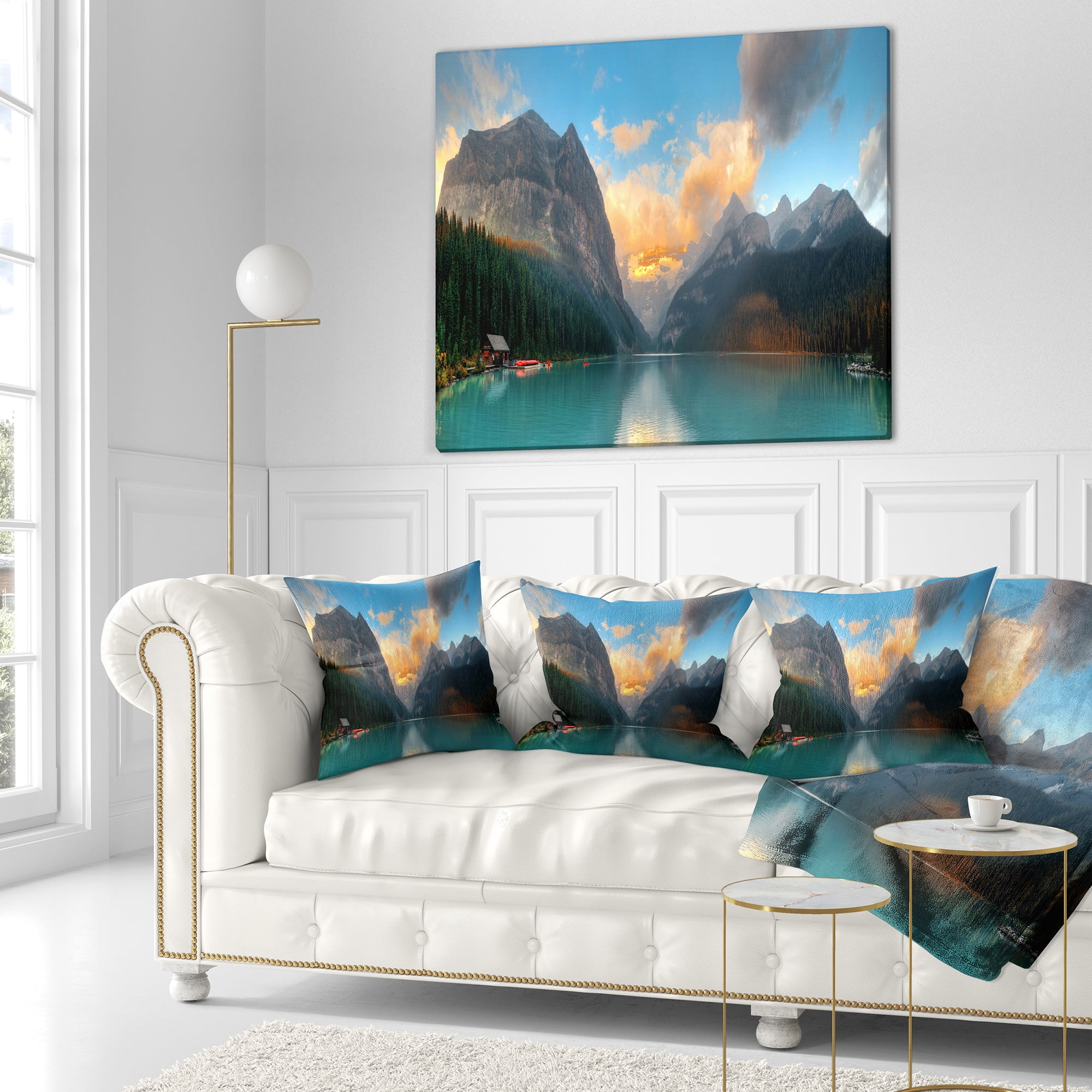 Designart Lake Louise Sunrise Banff Park - Modern Seascape Throw Pillow - 18x18