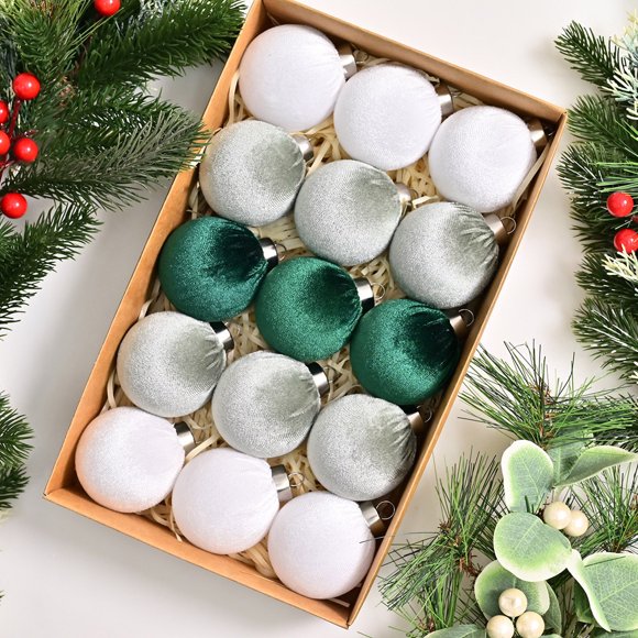 CXK13 Christmas Balls Ornaments,15 Pcs White & Green Christmas Tree Ornaments with Velvet,Multicolor Xmas Tree Decorations for Christmas Tree Holiday Wreath Garland Decor Ornaments (White,2.36 Inch)