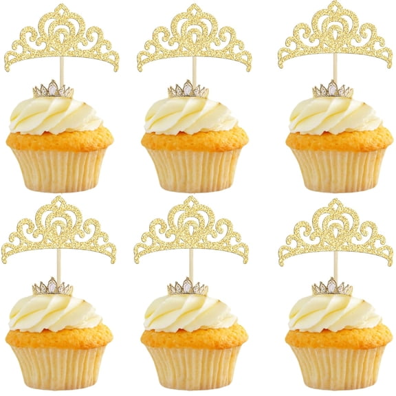 12Pcs Gold Glitter Princess Crown Cupcake Toppers, Tiara Cake Picks for Girls Birthday, Baby Shower, Wedding Party Decorations