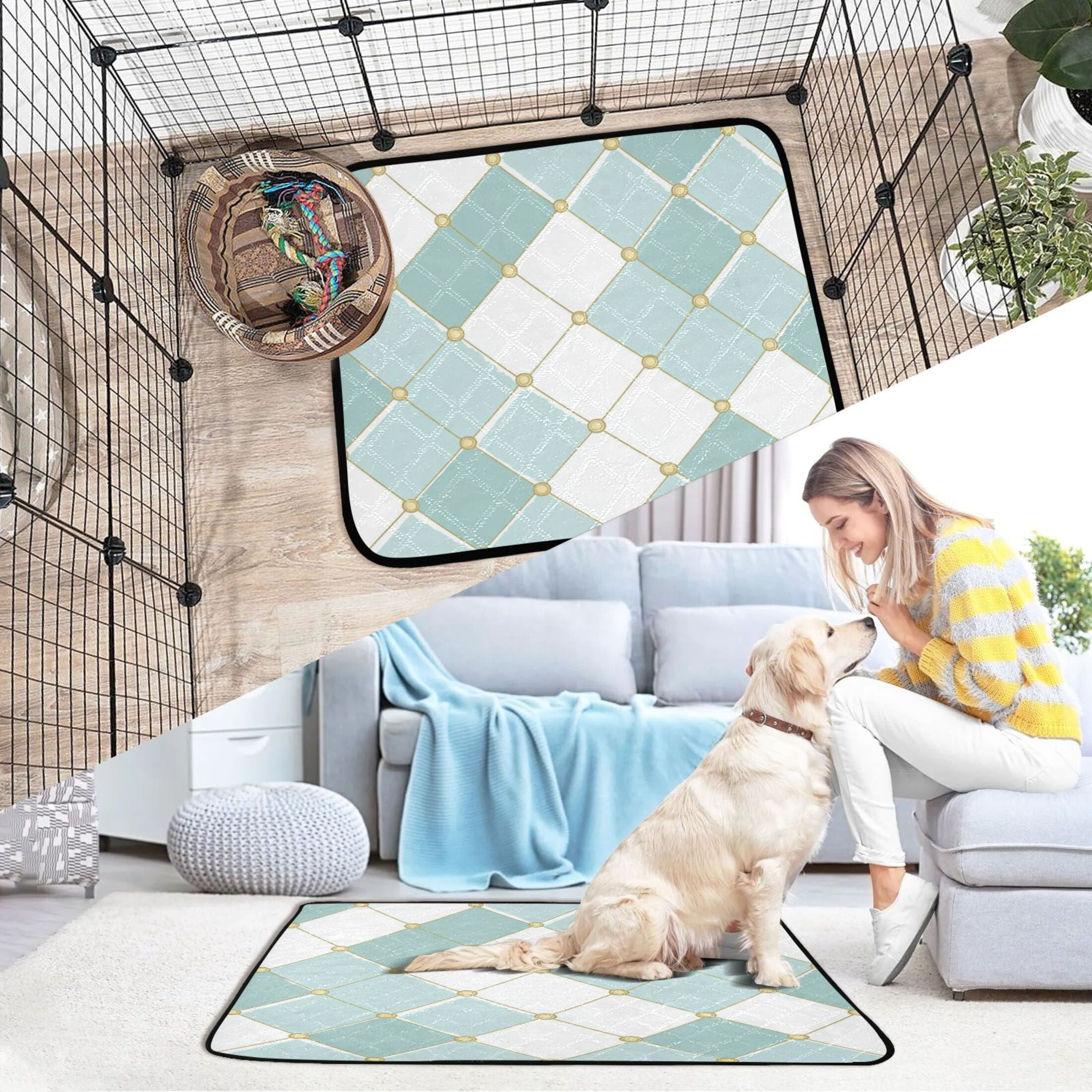 Washable Pet Pee Pads with Super Absorbent Reusable Training Pads for Dogs & Cats Pastel Teal Diamond Plaid
