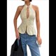 thumbnail image 2 of Blusa de Verano para Mujer, Sin Mangas, con Cuello Halter, Aberturas y Lazo, con Espalda Descubierta, Ideal para Salir. Caqui M, 2 of 9