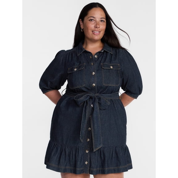 Terra & Sky Denim Belted Mini Shirtdress with Short Puff Sleeves, Sizes 0X-4X