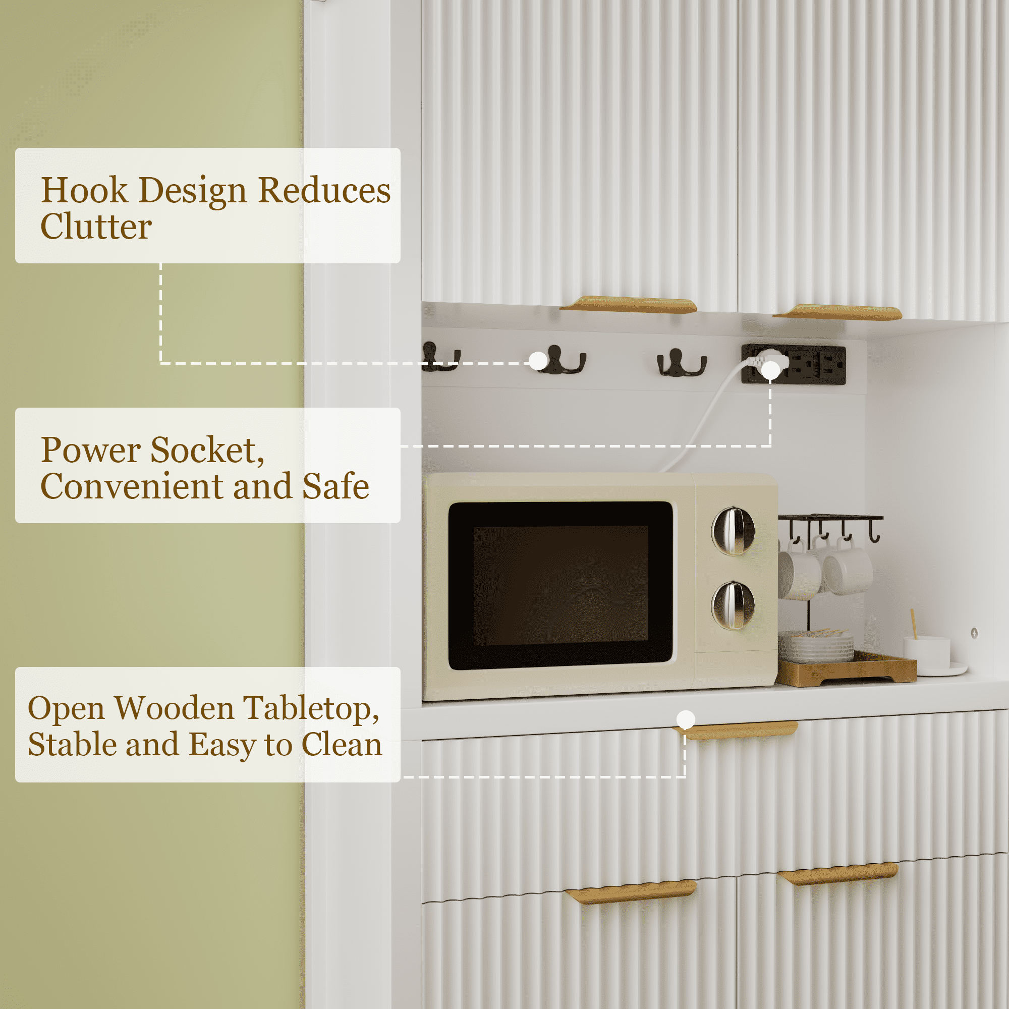 Aufeile 71" Tall Pantry Storage Cabinet with Drawer and Charging Station, Fluted Pantry Cabinet with Adjustable Shelves for Kitchen Dining Room Living Room, White