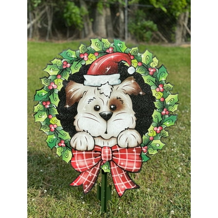 Puppy Dog in Christmas Mistletoe Wreath Outdoor Decoration
