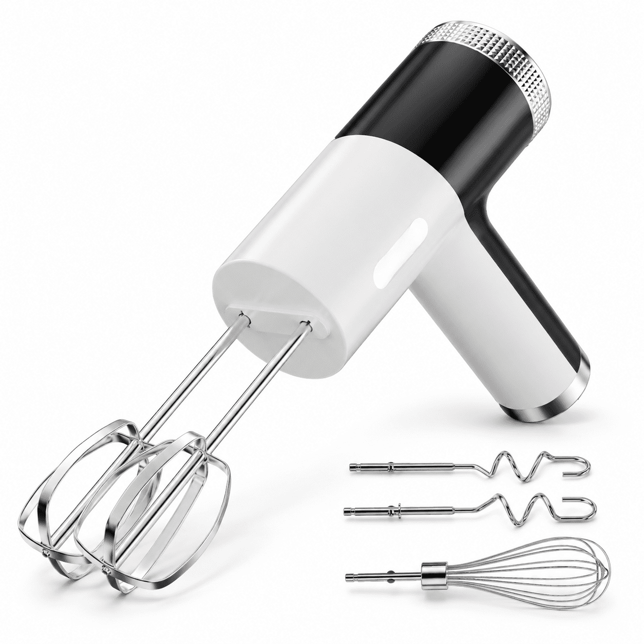 Cordless Electric Hand Mixer with 9 Speeds, White + Black, Includes Whisk, Dough Hook, Mixing Rod